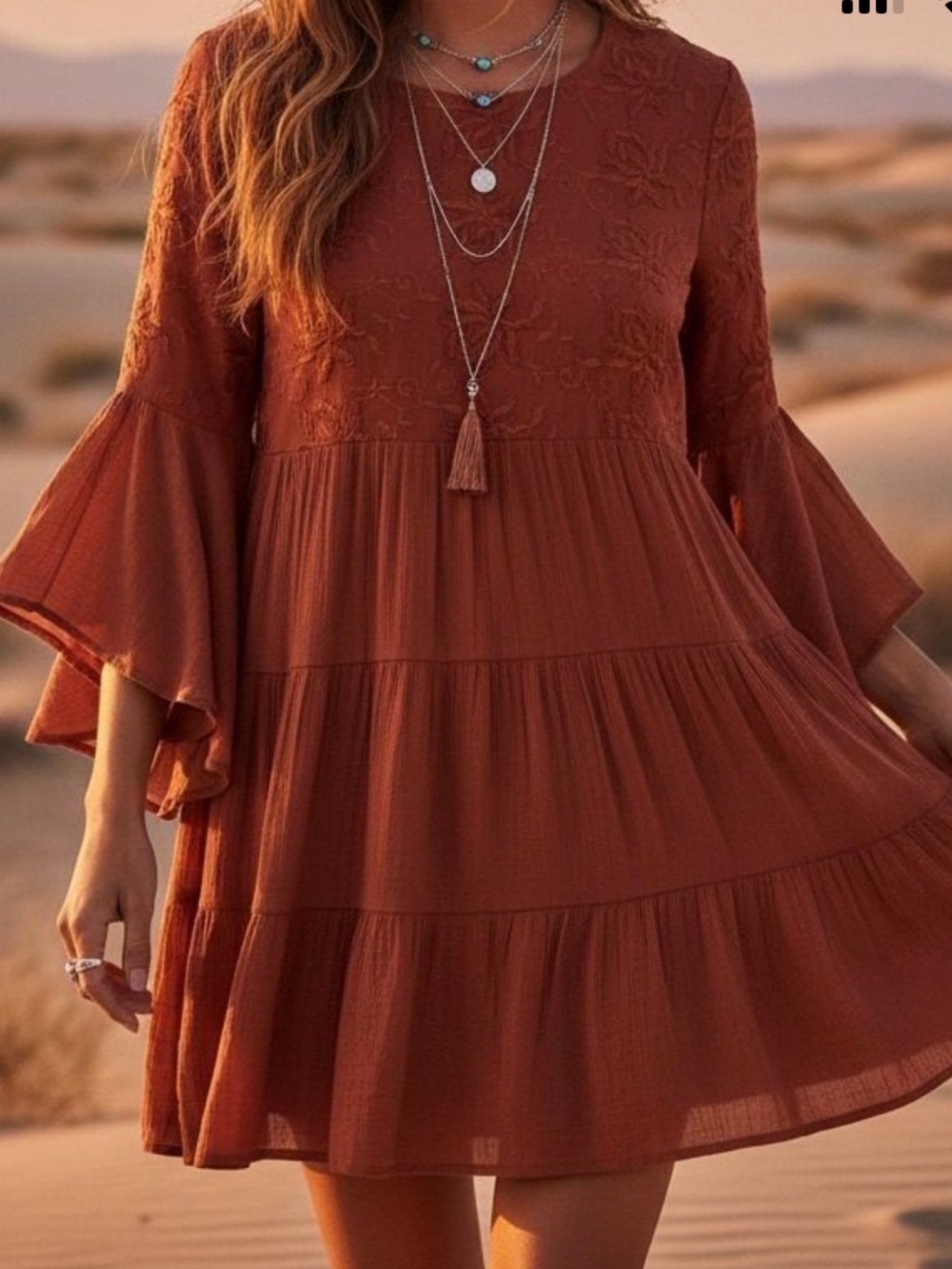 Gigio USA Boho Dress Embroidered, Tiered, lined, Womens butterfly sleeves size M